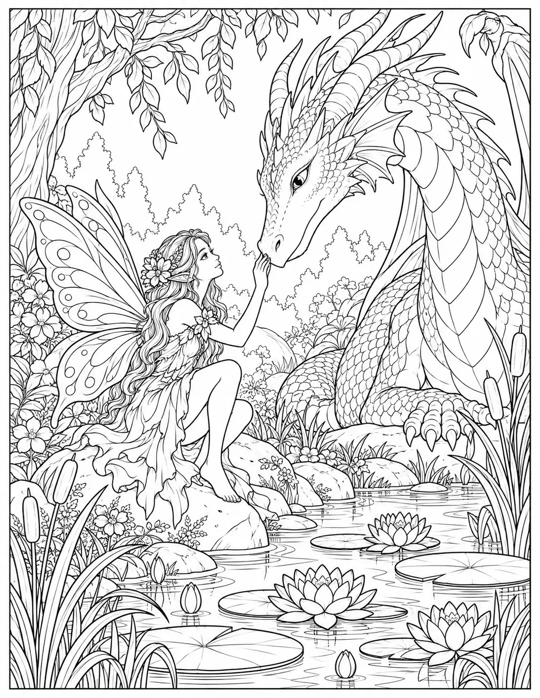 Fairy and Dragon by the Pond coloring page for adults
