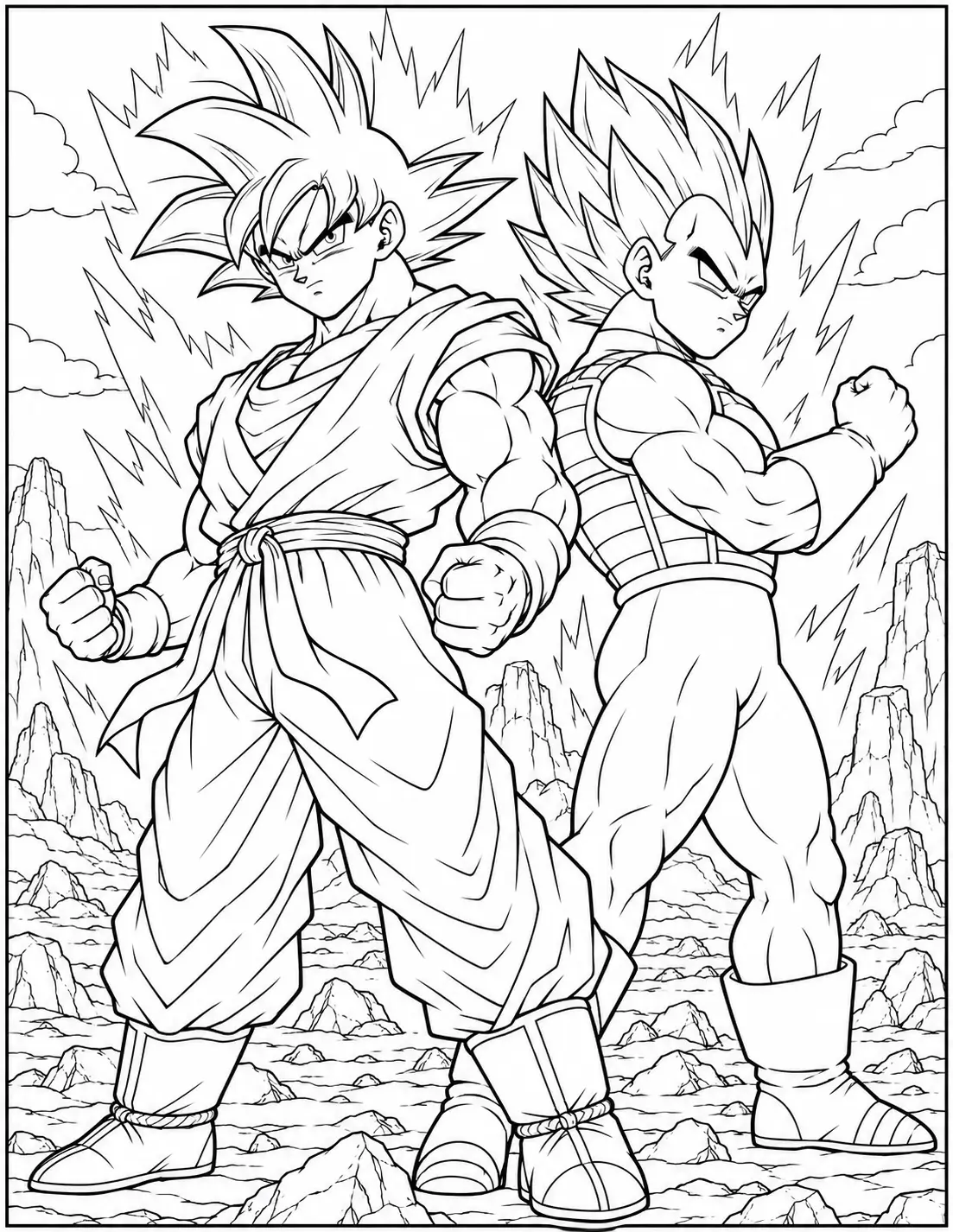 Goku and Vegeta standing back to back with energy auras coloring page