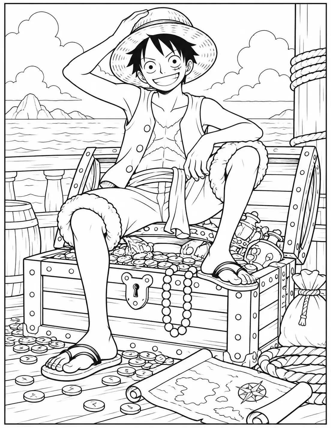 Monkey D. Luffy with pirate treasure coloring page