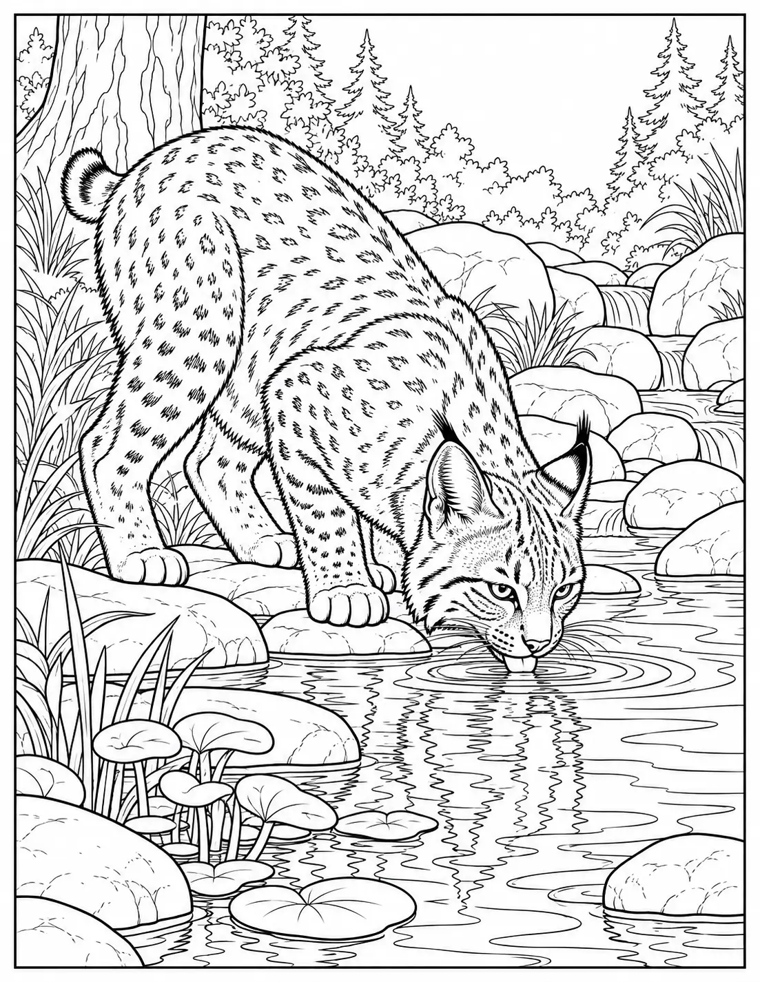 Bobcat drinking from a rocky forest stream coloring page