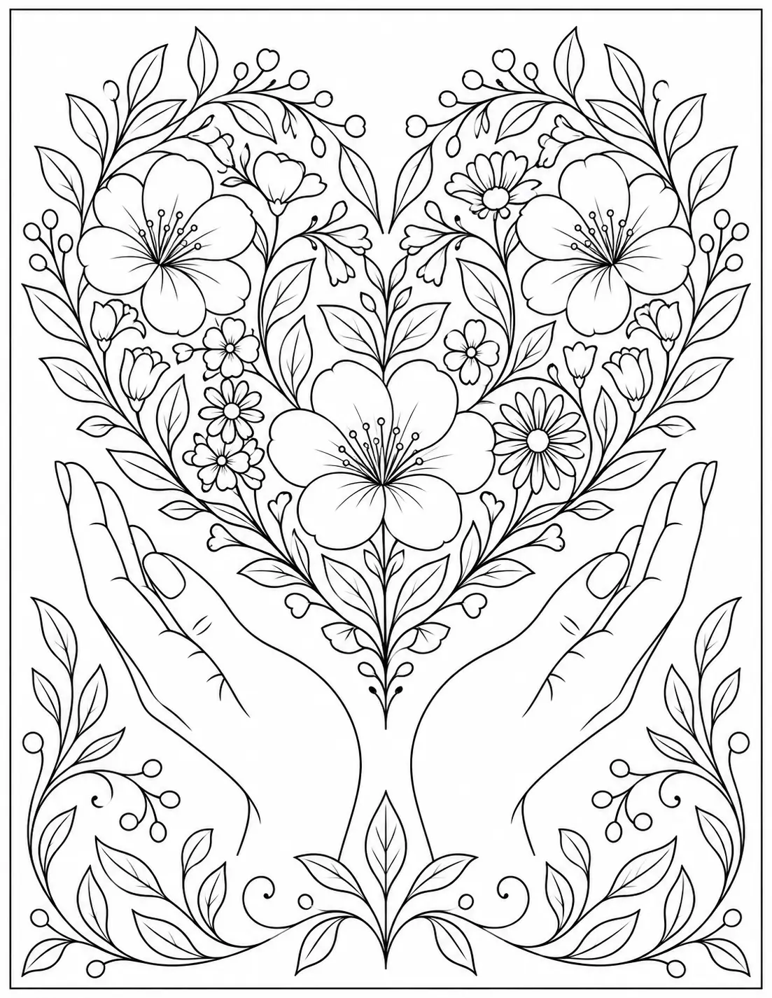 Floral heart held by caring hands recovery coloring page