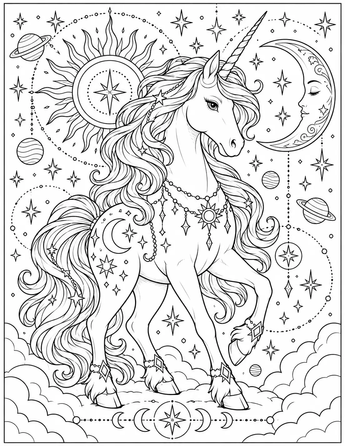 Celestial unicorn surrounded by the sun moon stars and planets coloring page for adults
