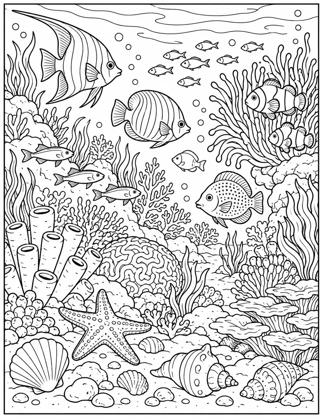 Coral reef with tropical fish and sea life coloring page