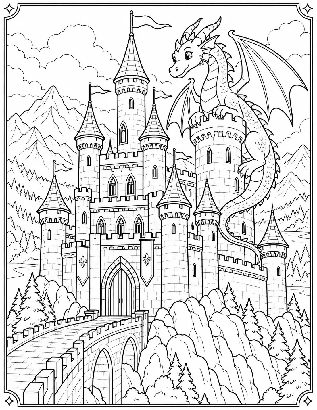 Fantasy castle with a friendly dragon perched on a tower coloring page