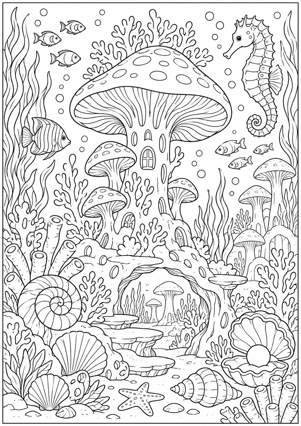 Underwater mushroom garden coloring page with coral and sea life