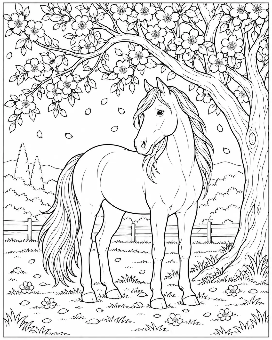 Horse standing beneath a flowering tree coloring page