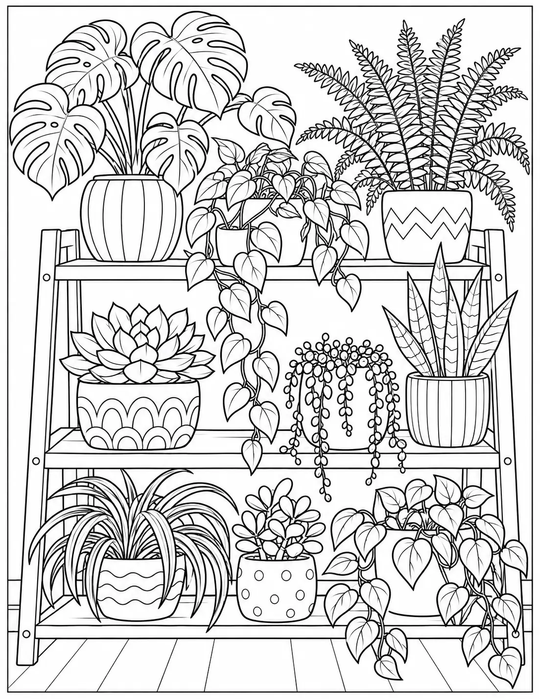 Houseplants on a shelf coloring page for adults with potted plants, a fern, and trailing vines