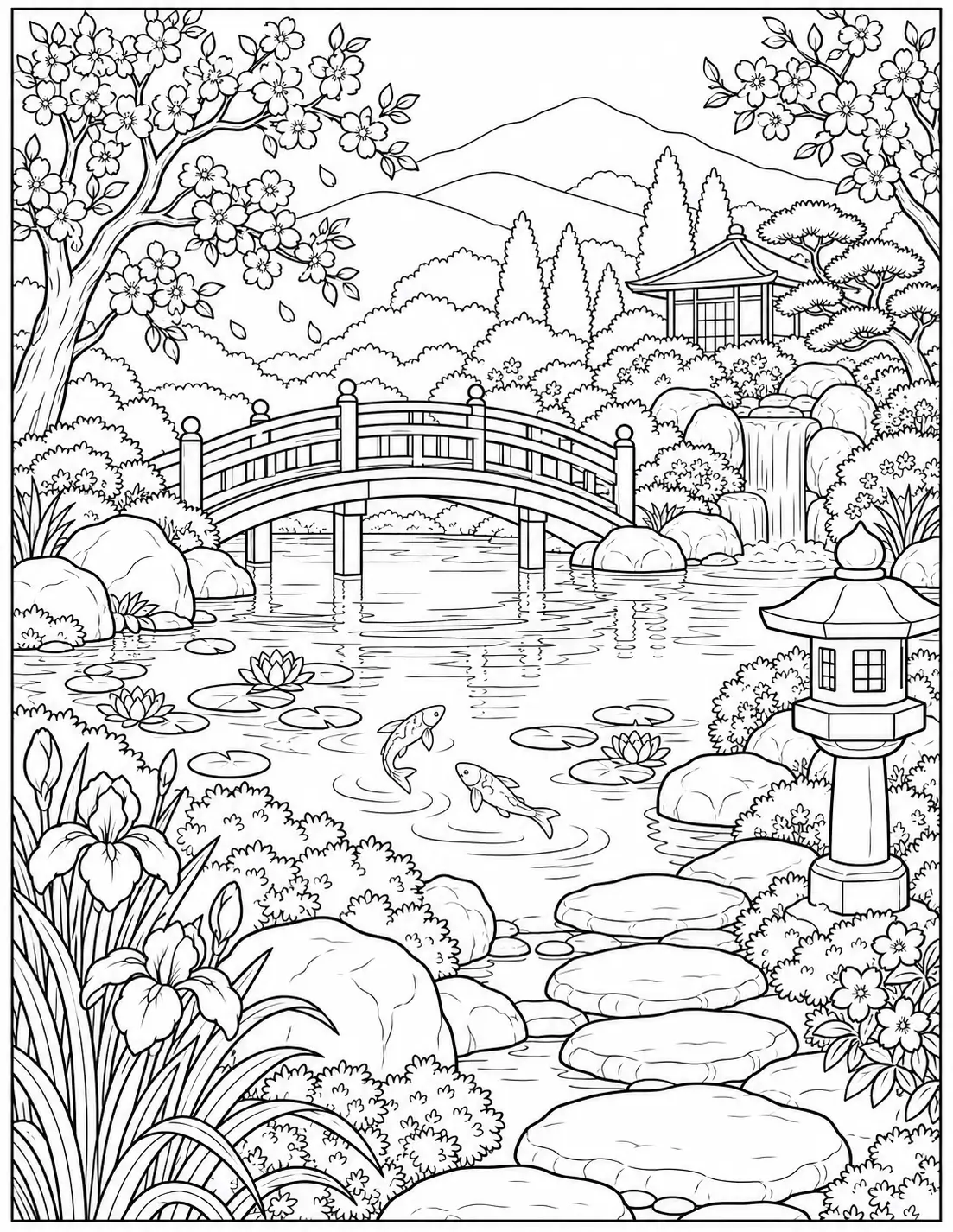 Japanese garden landscape coloring page