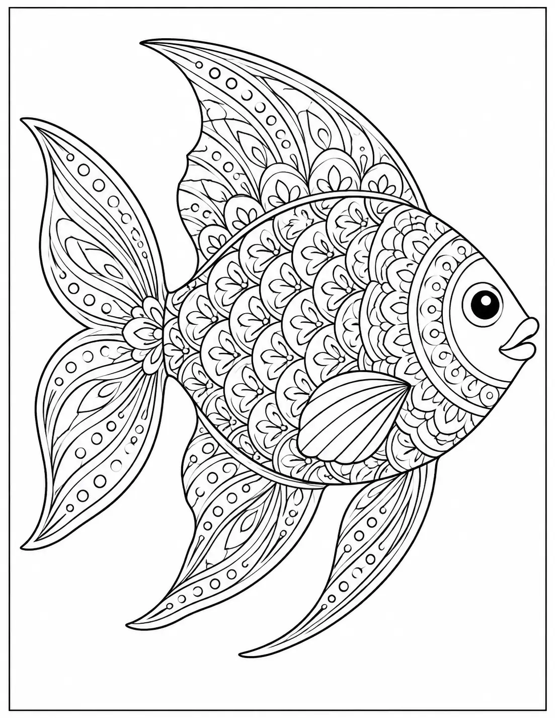 Decorative mandala fish coloring page for adults