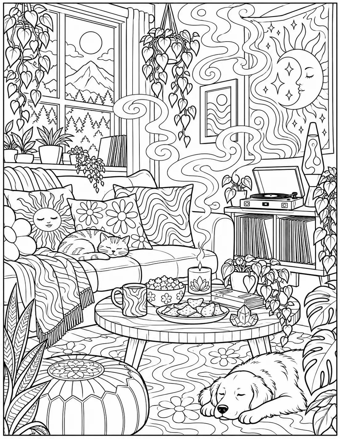 Cozy smoke room with plants record player and snacks coloring page