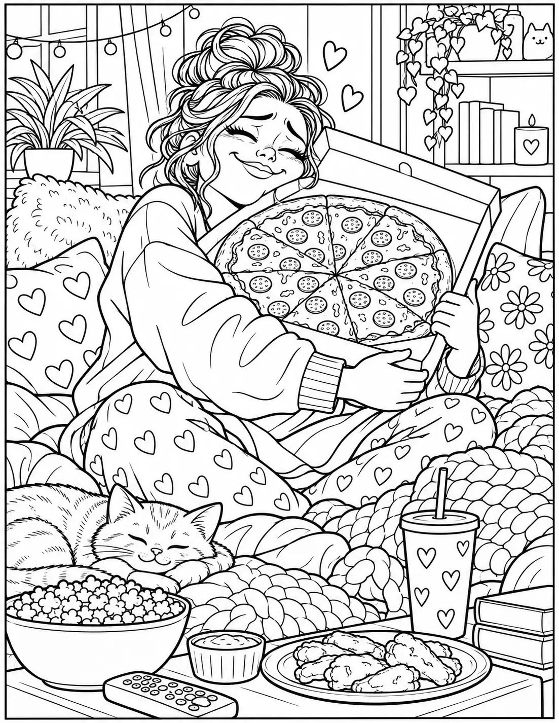 Funny adult coloring page of a woman hugging a large pizza box on the couch