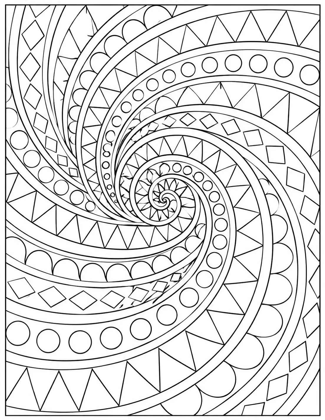 Spiral geometry design coloring page for adults
