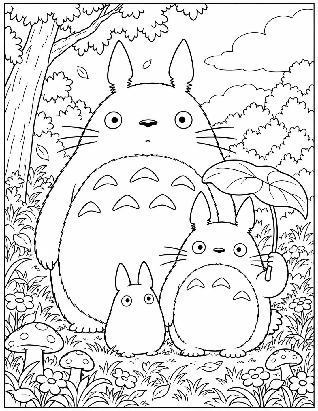 Three Totoros together among flowers and mushrooms coloring page