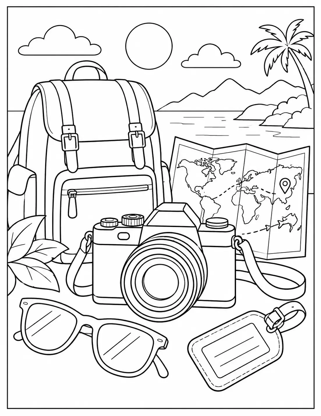 Travel camera coloring page with backpack, map, sunglasses, and tropical scenery