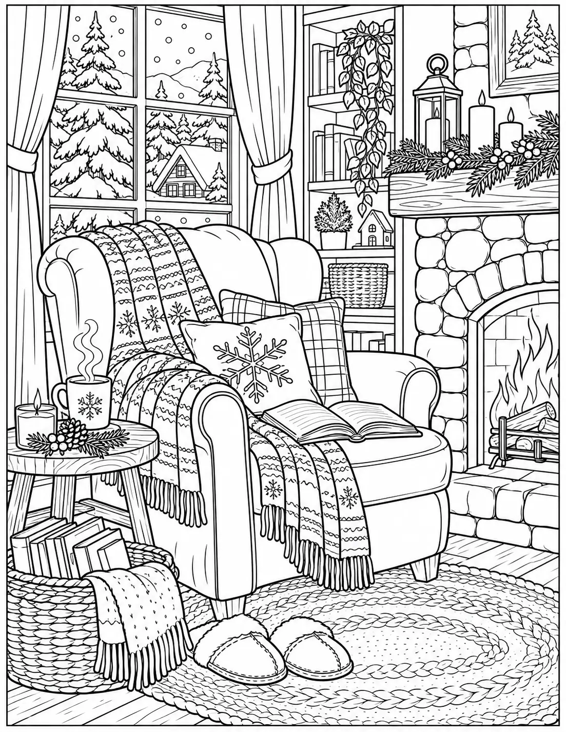 Cozy winter reading corner with fireplace and armchair coloring page for adults