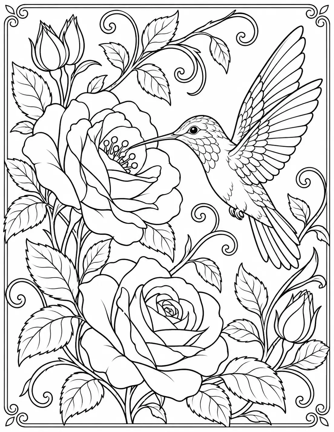 Rose and hummingbird coloring page for adults