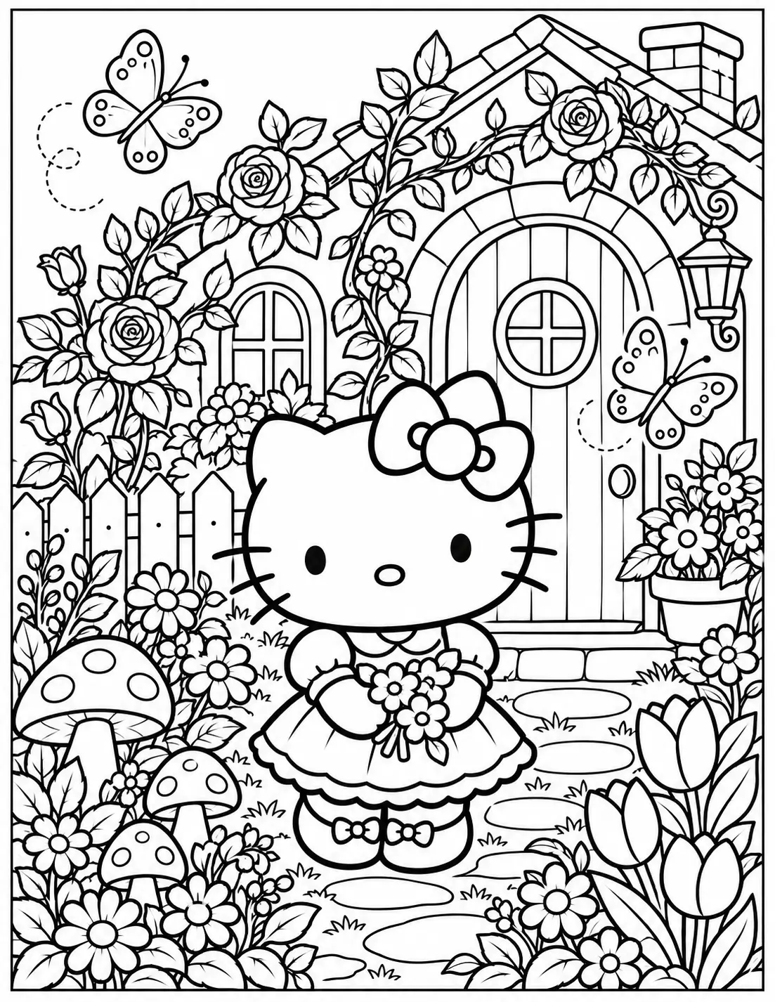 Hello Kitty cottage garden coloring page for adults