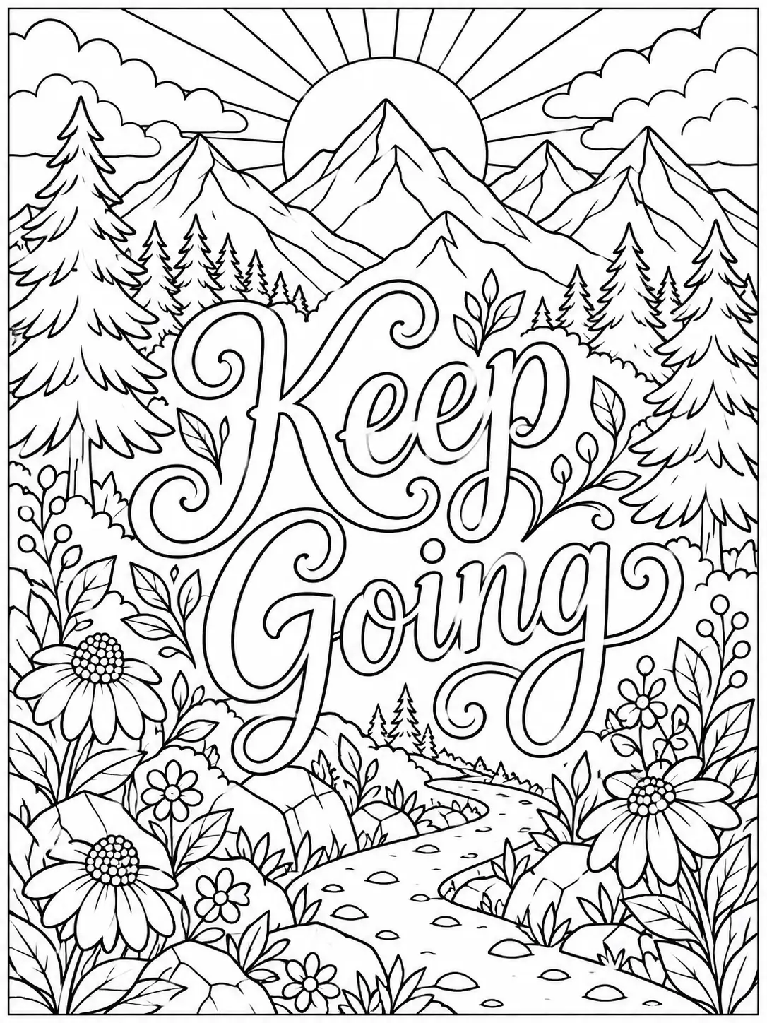 Keep Going quote coloring page with mountains, pine trees, and a sunrise