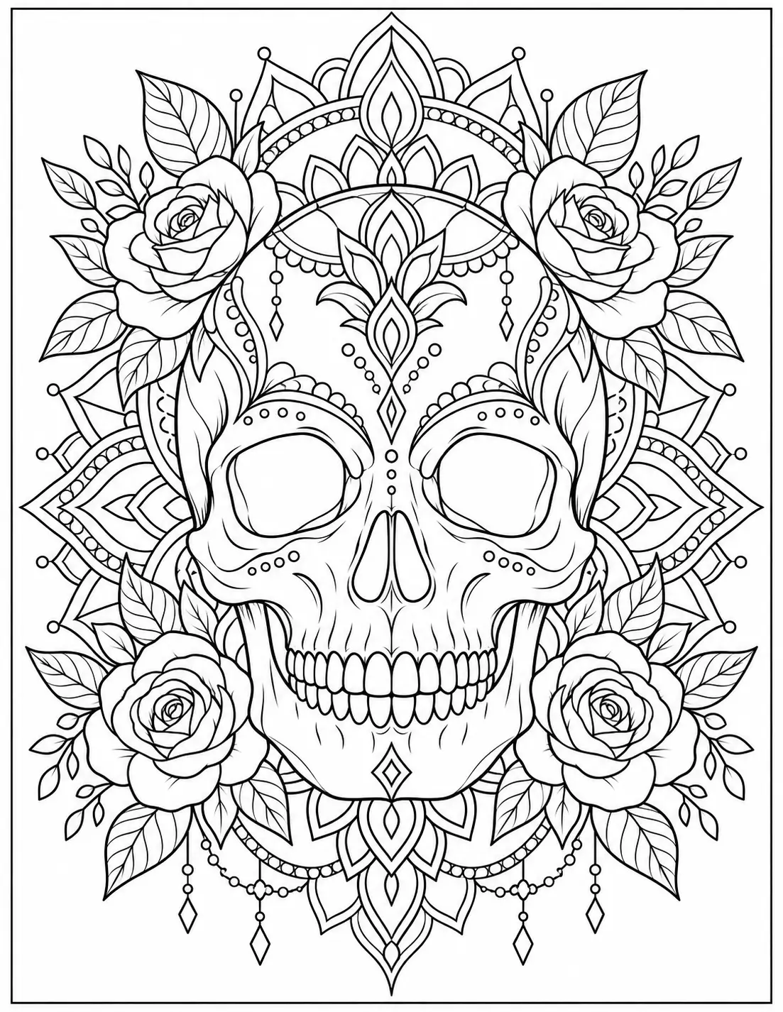 Mandala skull coloring page with decorative patterns for adults