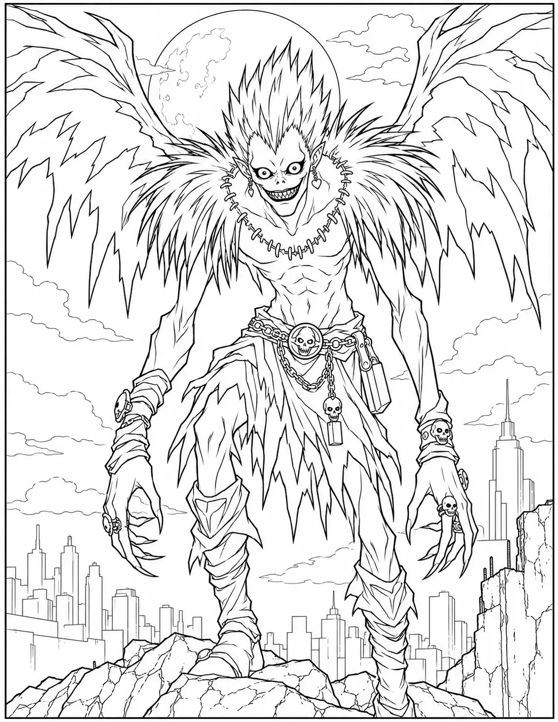 Ryuk standing with his wings spread wide coloring page