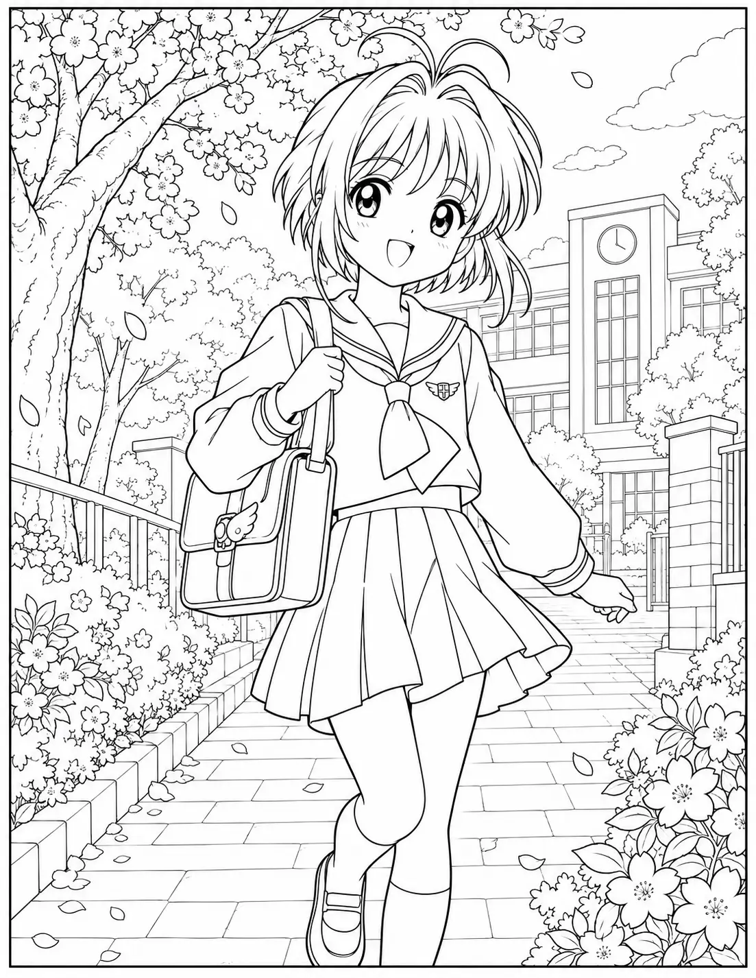 Sakura walking to school in her uniform with a school bag and cherry blossoms