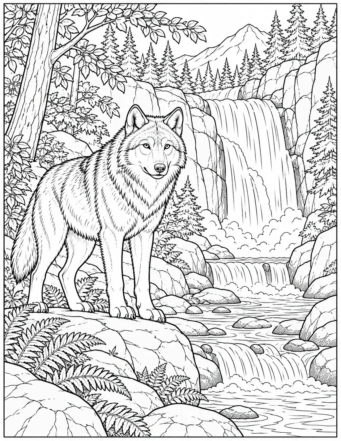 Wolf beside a waterfall, rocks and mountain forest coloring page