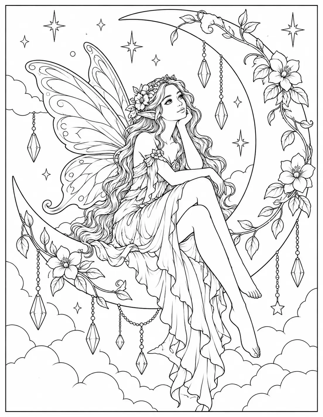 Fairy Sitting on the Crescent Moon coloring page for adults