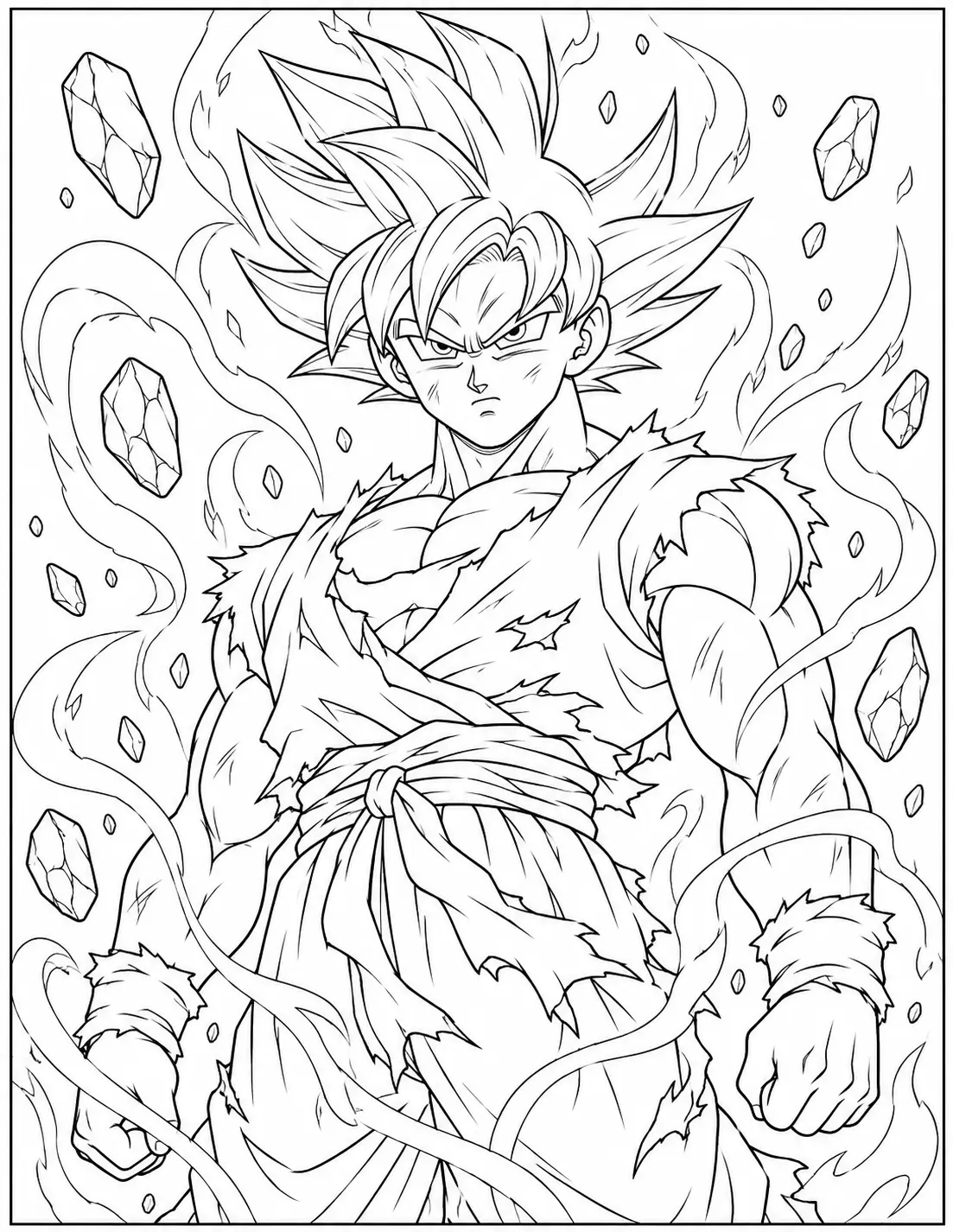 Ultra Instinct Goku surrounded by energy and floating rocks coloring page