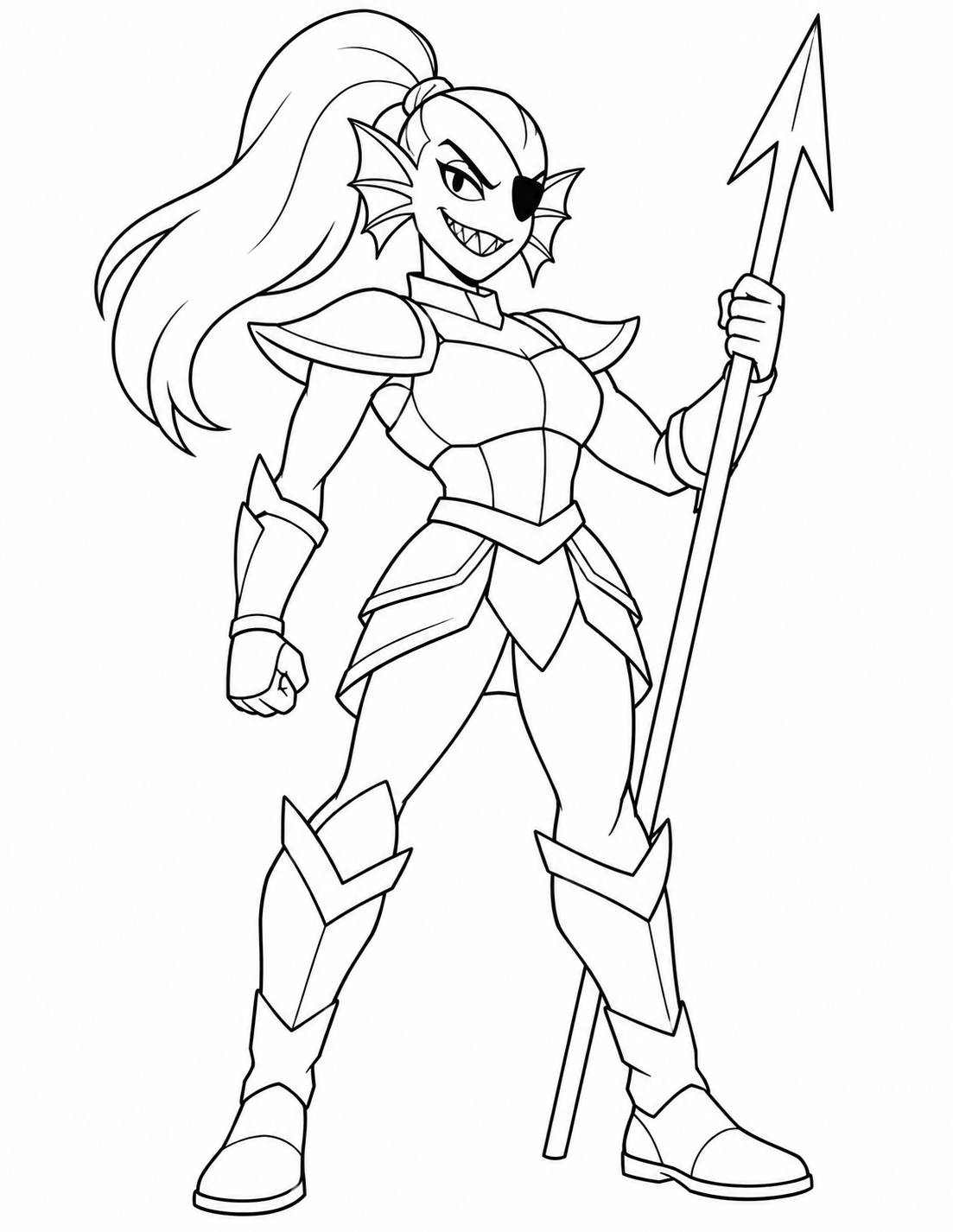 Undyne Undertale coloring page with armor, eyepatch and spear