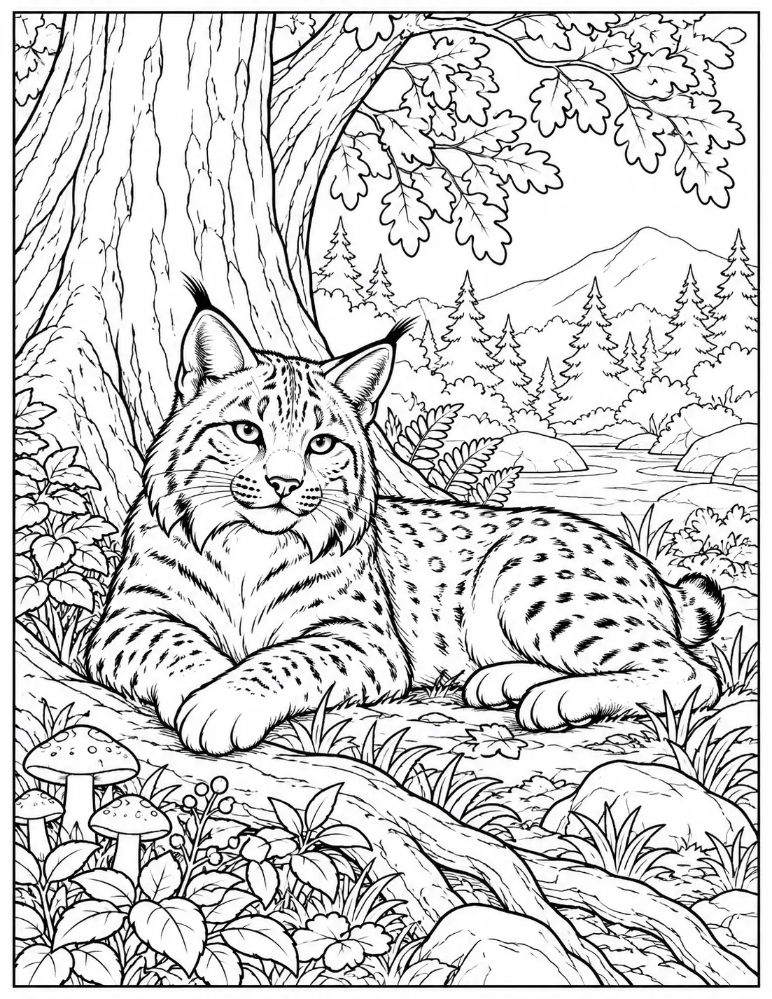 Bobcat resting under a tree in a forest clearing coloring page