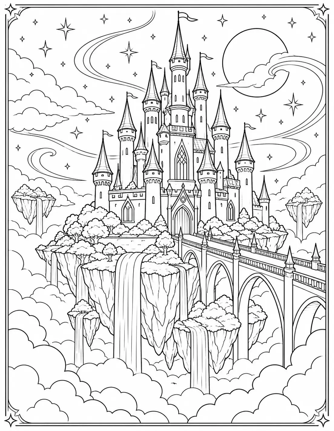 Fantasy castle above the clouds with floating islands, bridge and waterfalls coloring page