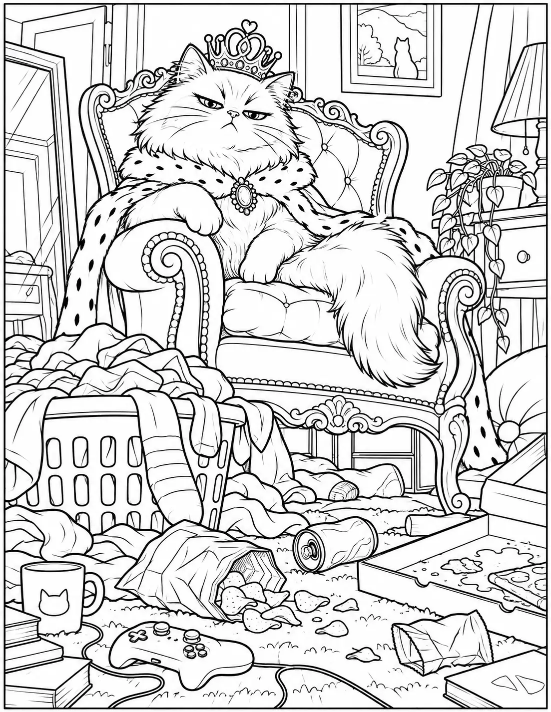 Funny adult coloring page of a regal cat judging a messy room