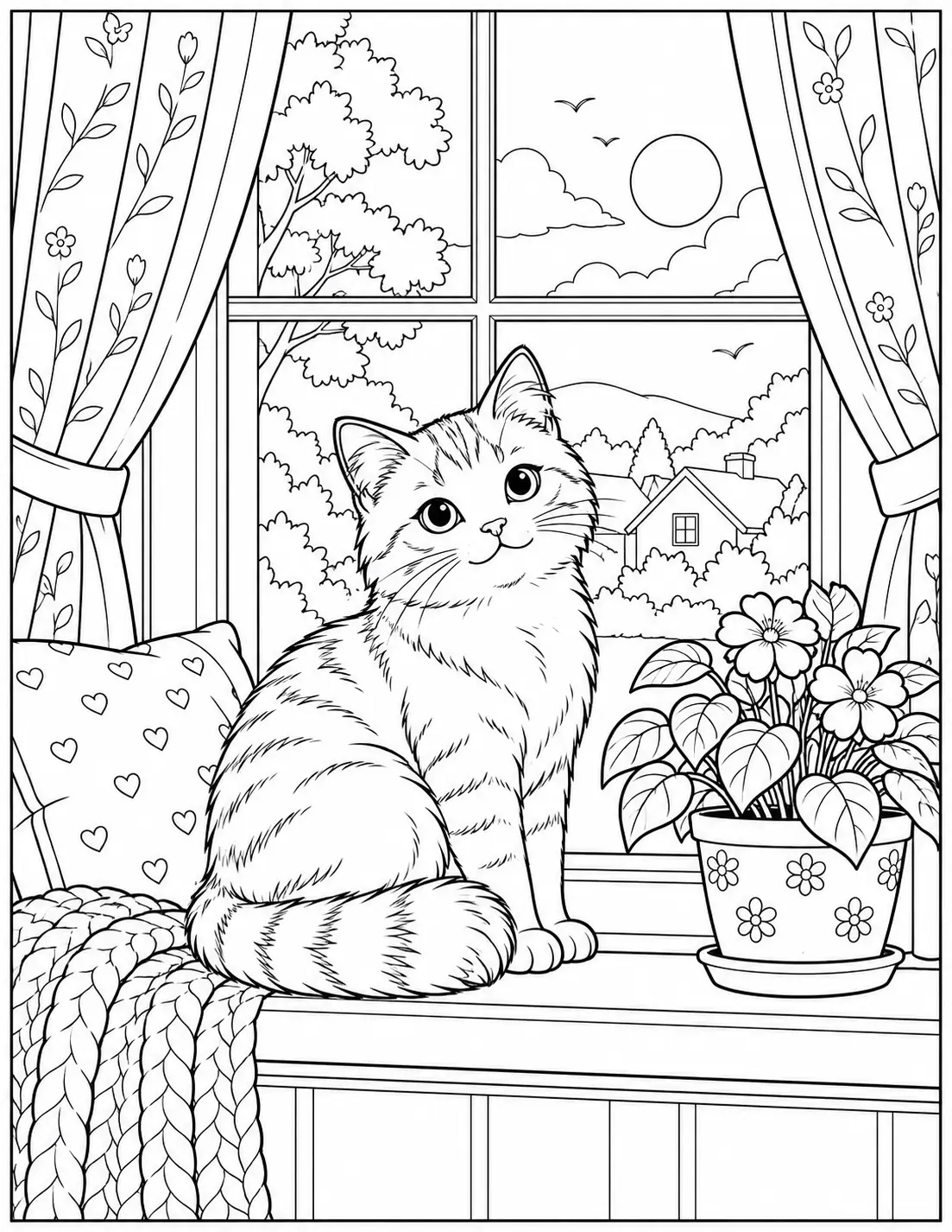 Cute cat by the window coloring page for adults with flowers, curtains, and an outdoor view