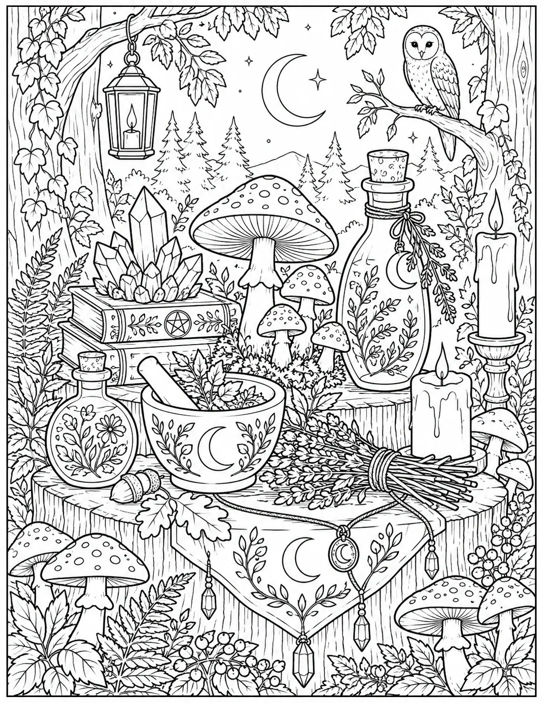Magical mushroom witch garden coloring page with potions and candles