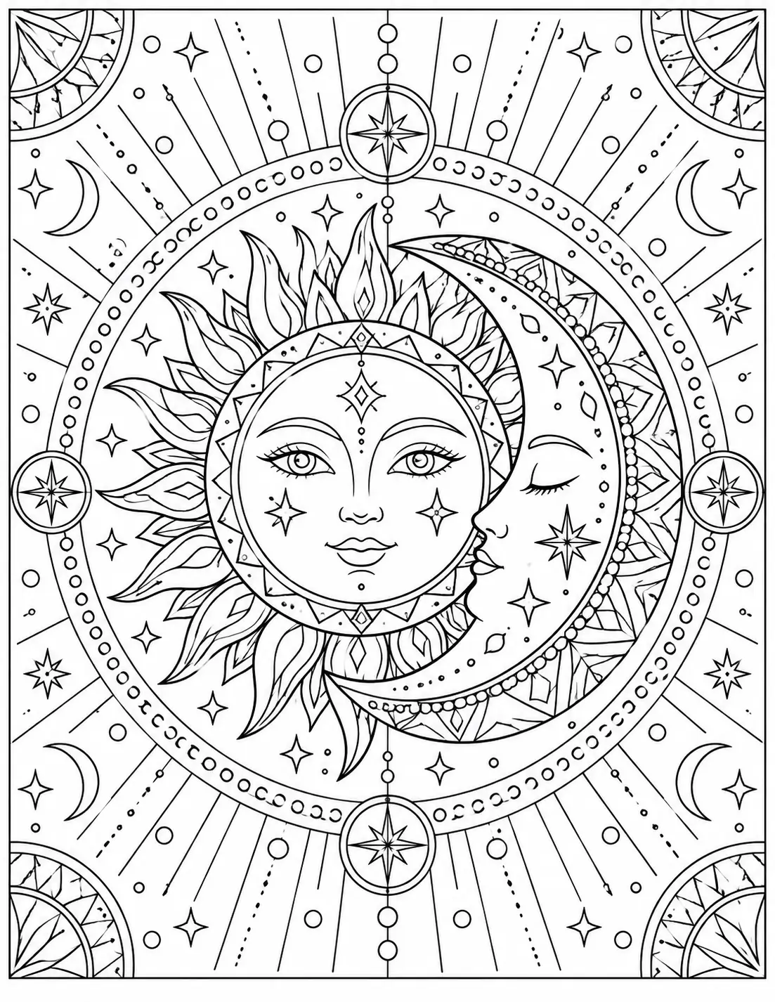 Geometric sun and moon coloring page for adults
