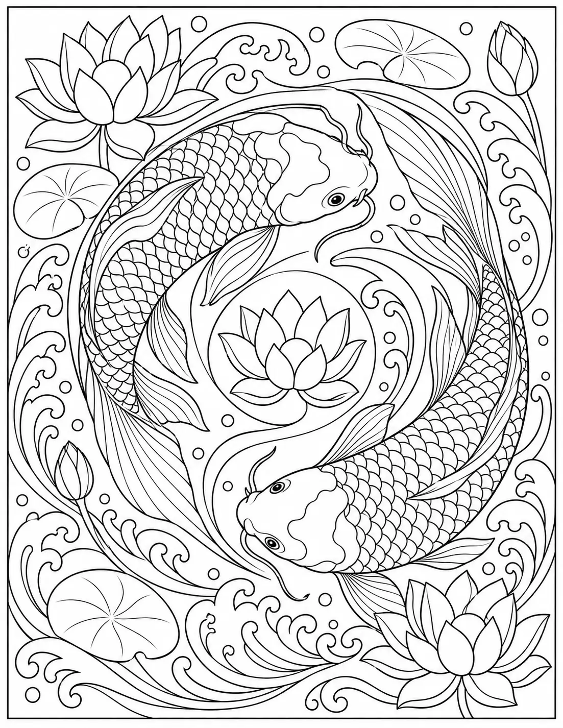 Two koi fish in a yin-yang design coloring page for adults