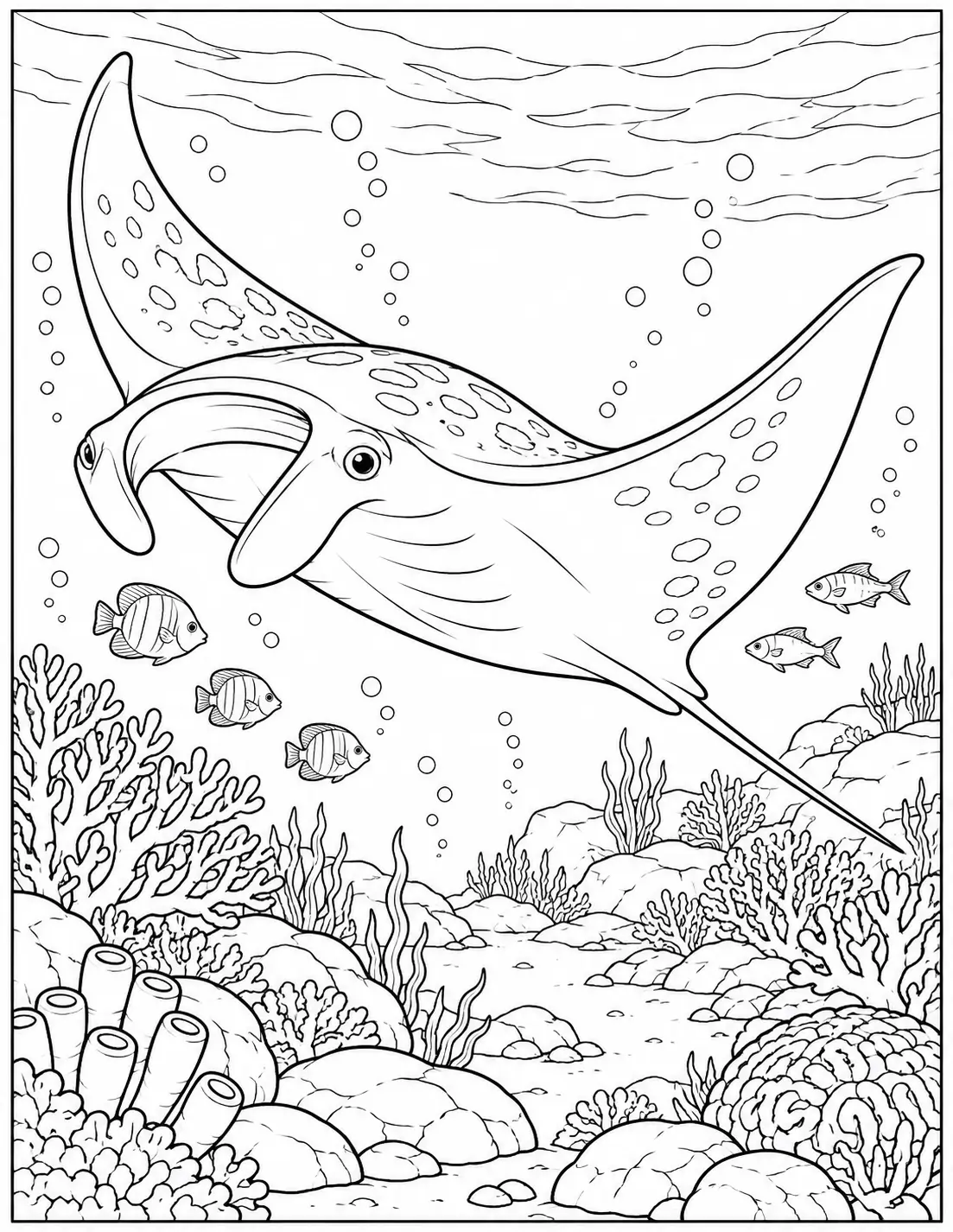 Manta ray swimming over a coral reef coloring page