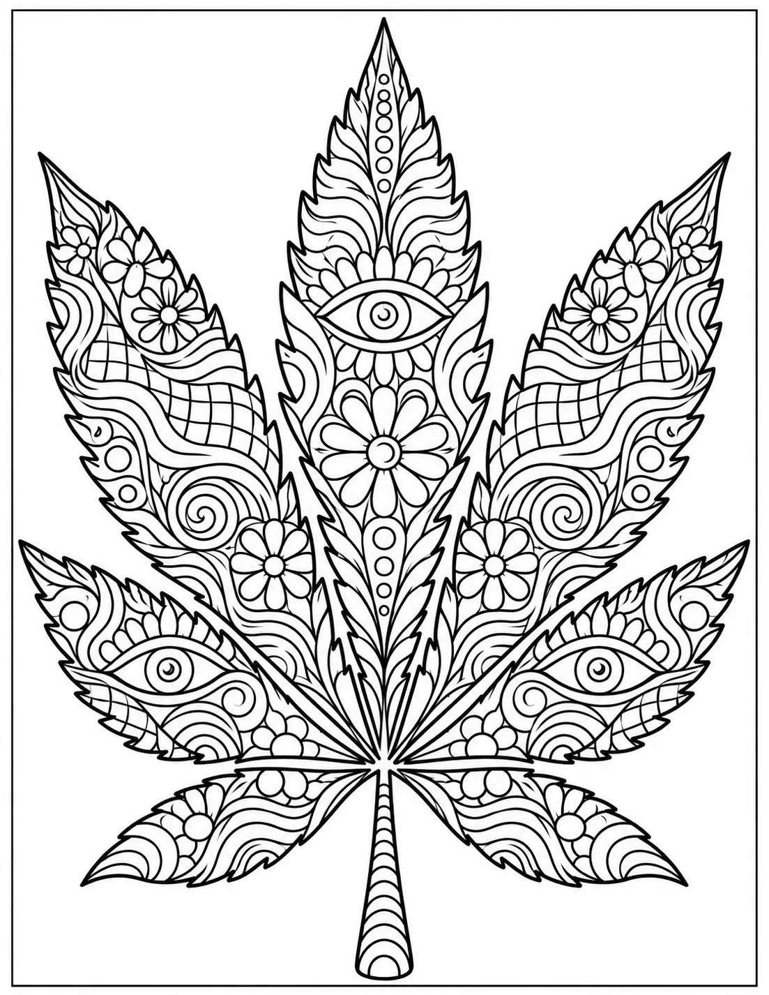 Psychedelic cannabis leaf filled with decorative patterns coloring page