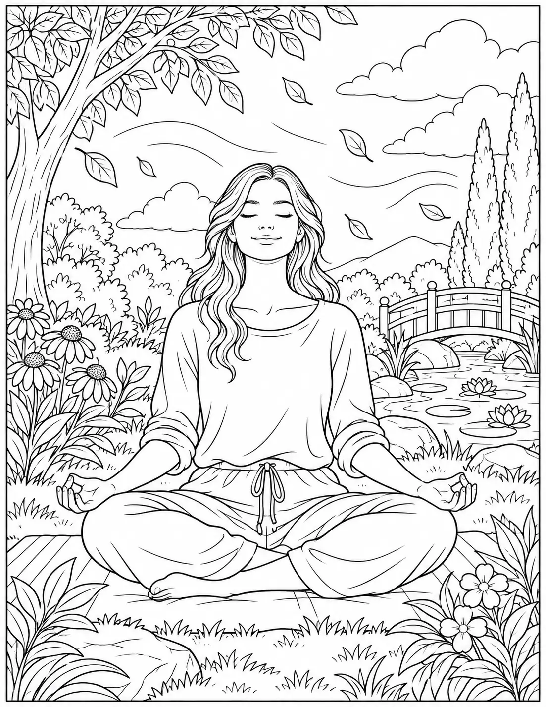 Woman meditating in a quiet garden recovery coloring page