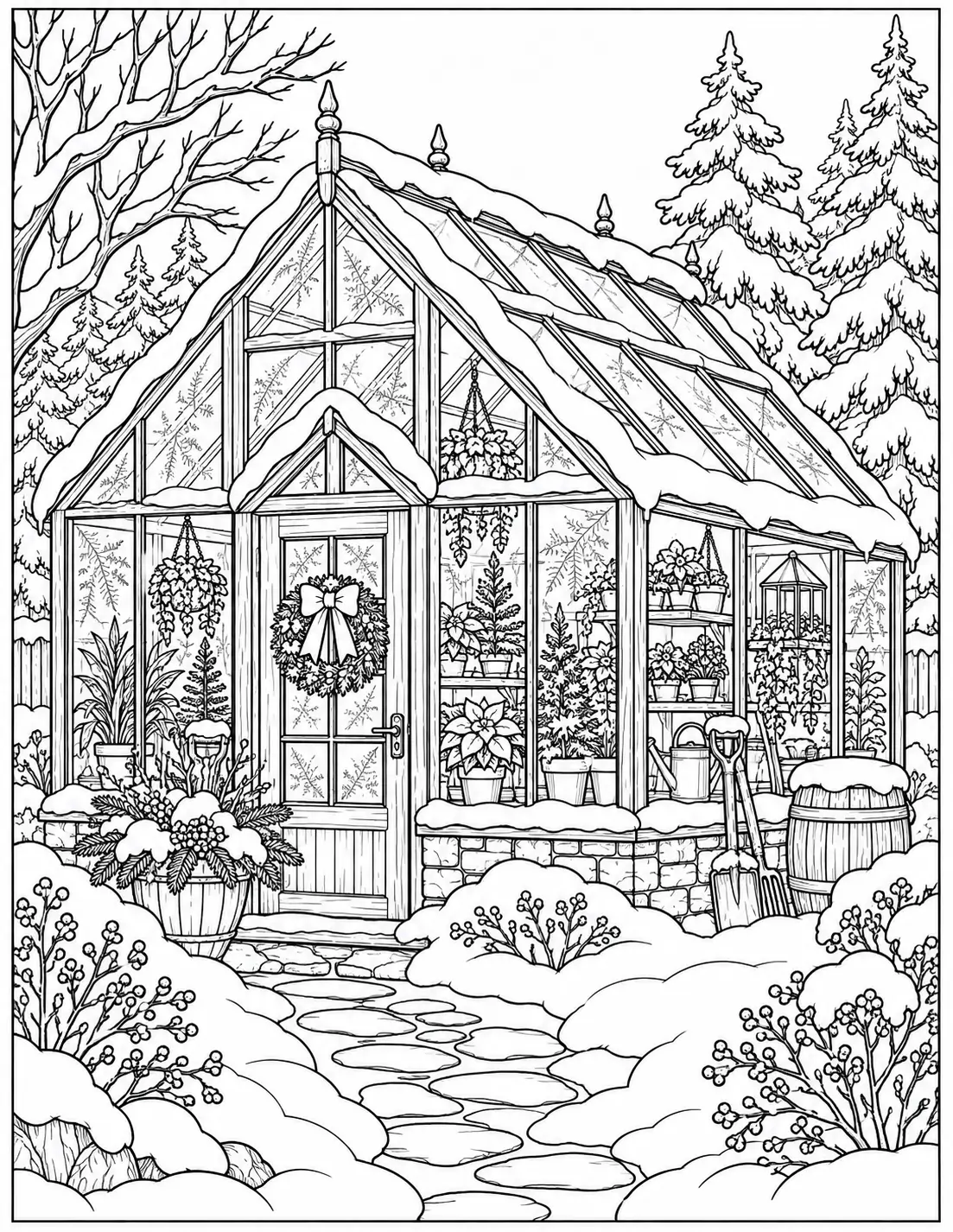 Snow-covered greenhouse filled with winter plants coloring page for adults