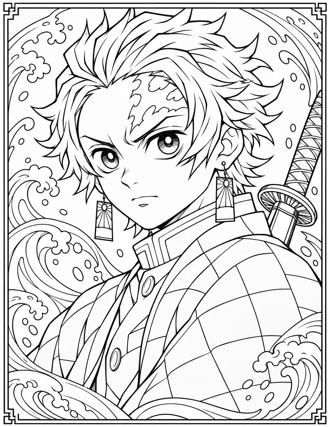 Serious Tanjiro Kamado portrait with water waves coloring page