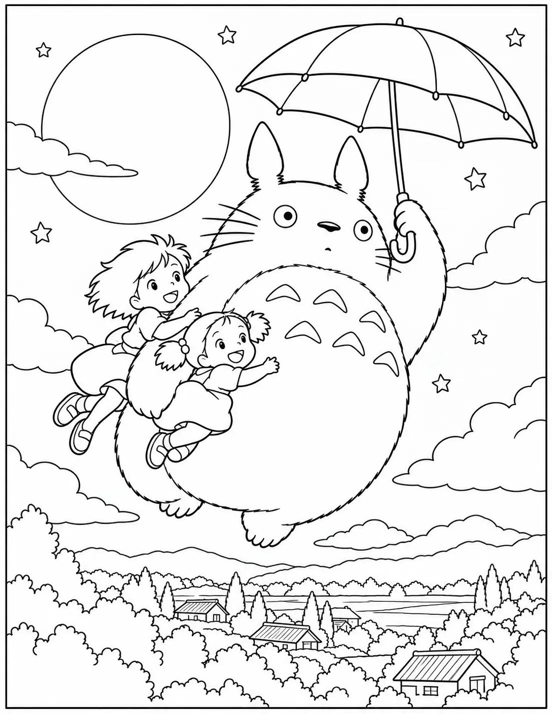 Totoro flying at night with Satsuki and Mei coloring page