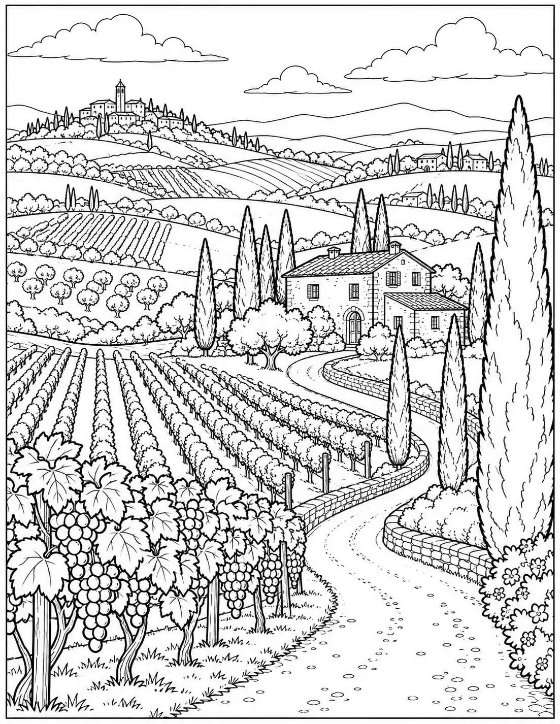Tuscan countryside landscape coloring page