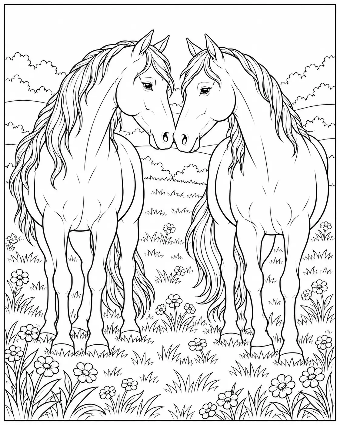 Two horses touching noses in a meadow coloring page