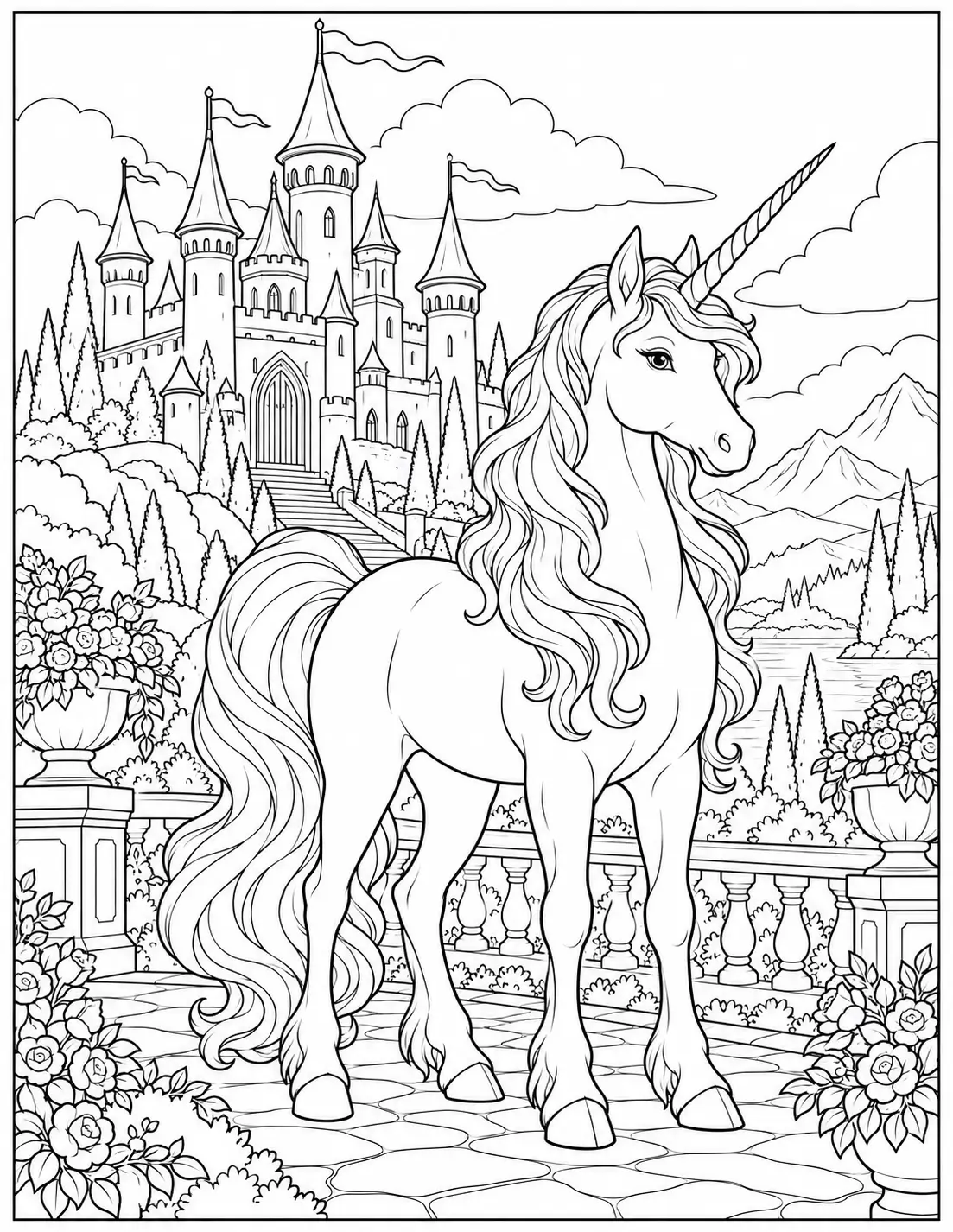 Unicorn in front of a fantasy castle and garden coloring page for adults