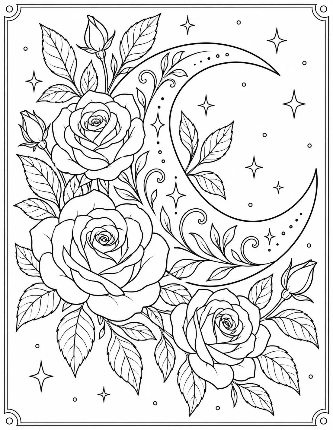 Moon and roses coloring page for adults