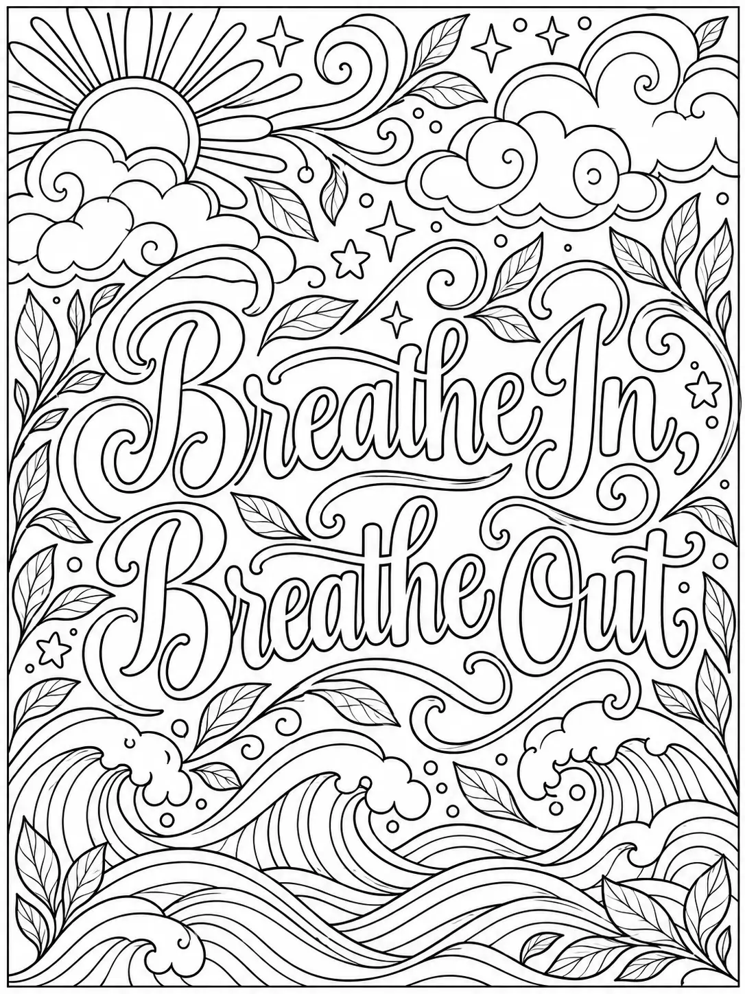 Breathe In Breathe Out quote coloring page with waves, clouds, and leaves
