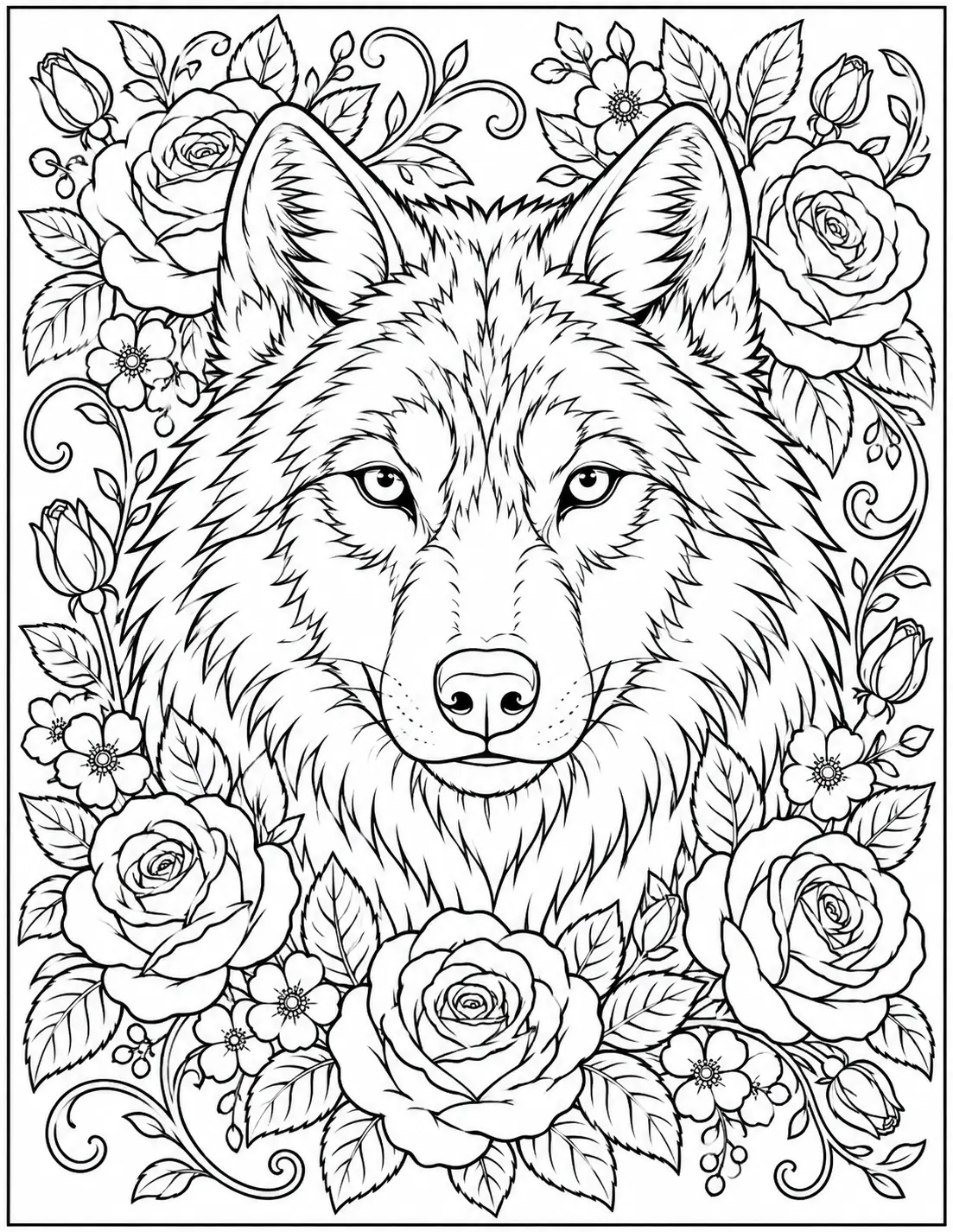 Wolf portrait surrounded by roses, flowers and leaves coloring page