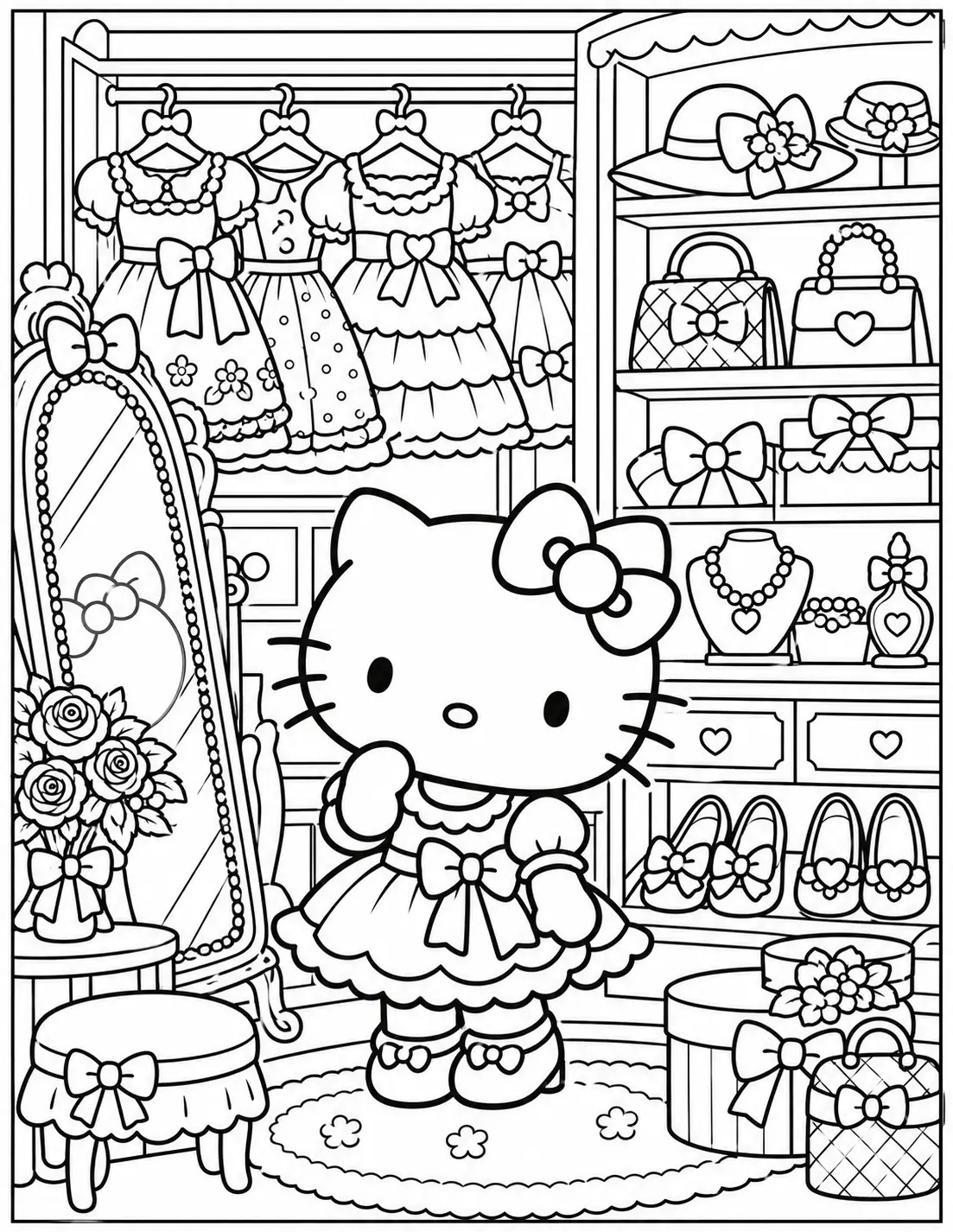 Hello Kitty fashion closet coloring page for adults