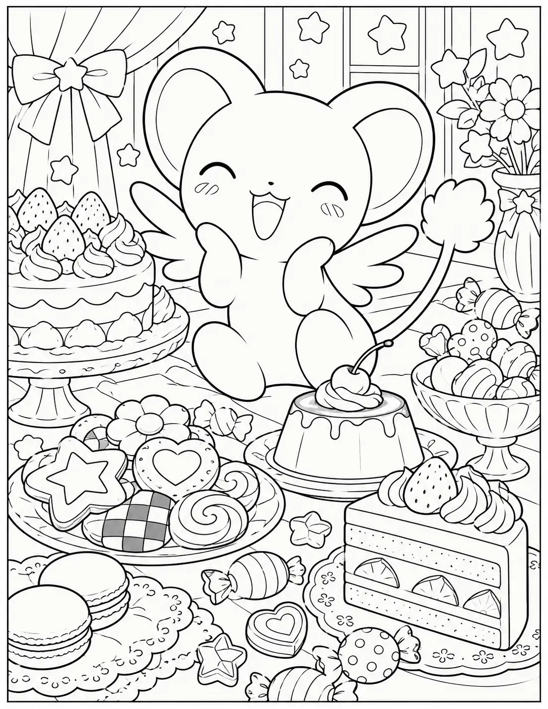Kero surrounded by cake, cookies, candy and other sweet treats